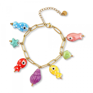 Roestvrij stalen (RVS) Stainless steel armbanden met bedels vissen Gold-multicolour