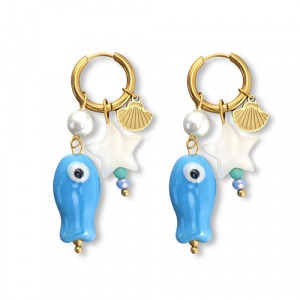 Roestvrij stalen (RVS) Stainless steel oorbellen vis Gold-blue-white