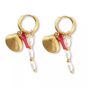 Roestvrij stalen (RVS) Stainless steel oorbellen schelp Gold-red-white