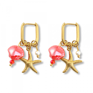 Roestvrij stalen (RVS) Stainless steel oorbellen zeester & schelp Gold-red-white