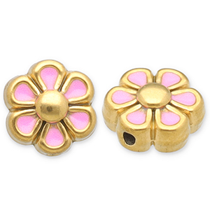 Roestvrij stalen (RVS) Stainless steel kralen bloem Gold-light pink-white