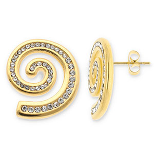 Roestvrij stalen (RVS) Stainless steel oorbellen / oorstekers spiraal met strass Gold-transparent