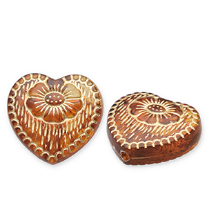 Acryl kralen hart met bloem Cognac brown-gold