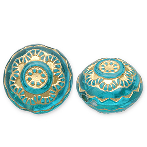 Acryl kralen rond met bloem Teal blue-gold