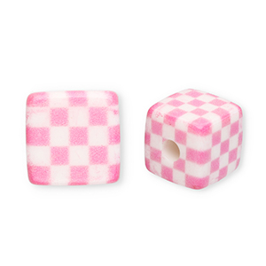 Acryl kralen vierkant met blokjes Pink-white