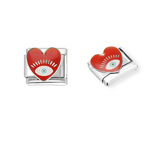 Roestvrij stalen (RVS) Stainless steel Italian charms losse schakels hart met Alziend oog Silver-dark red-white