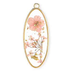 Bedels met gedroogde bloemetjes langwerpig ovaal Gold-light pink