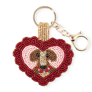 Sleutelhangers hart met hond Gold-silverlined dark red-light pink-brown