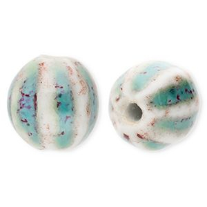 Kralen keramiek 11mm met strepen Teal blue-off white-port red