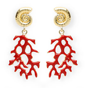 Trendy oorbellen&nbsp;/&nbsp;oorstekers enamel schelp & koraal met RVS steker Gold-dark red