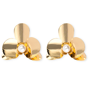 Statement oorbellen&nbsp;/&nbsp;oorstekers bloem met imitatieparel met RVS steker Gold-white