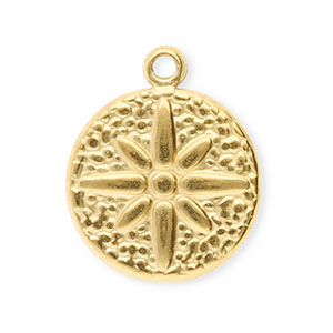 Roestvrij stalen (RVS) Stainless steel bedels rond met bloem Gold